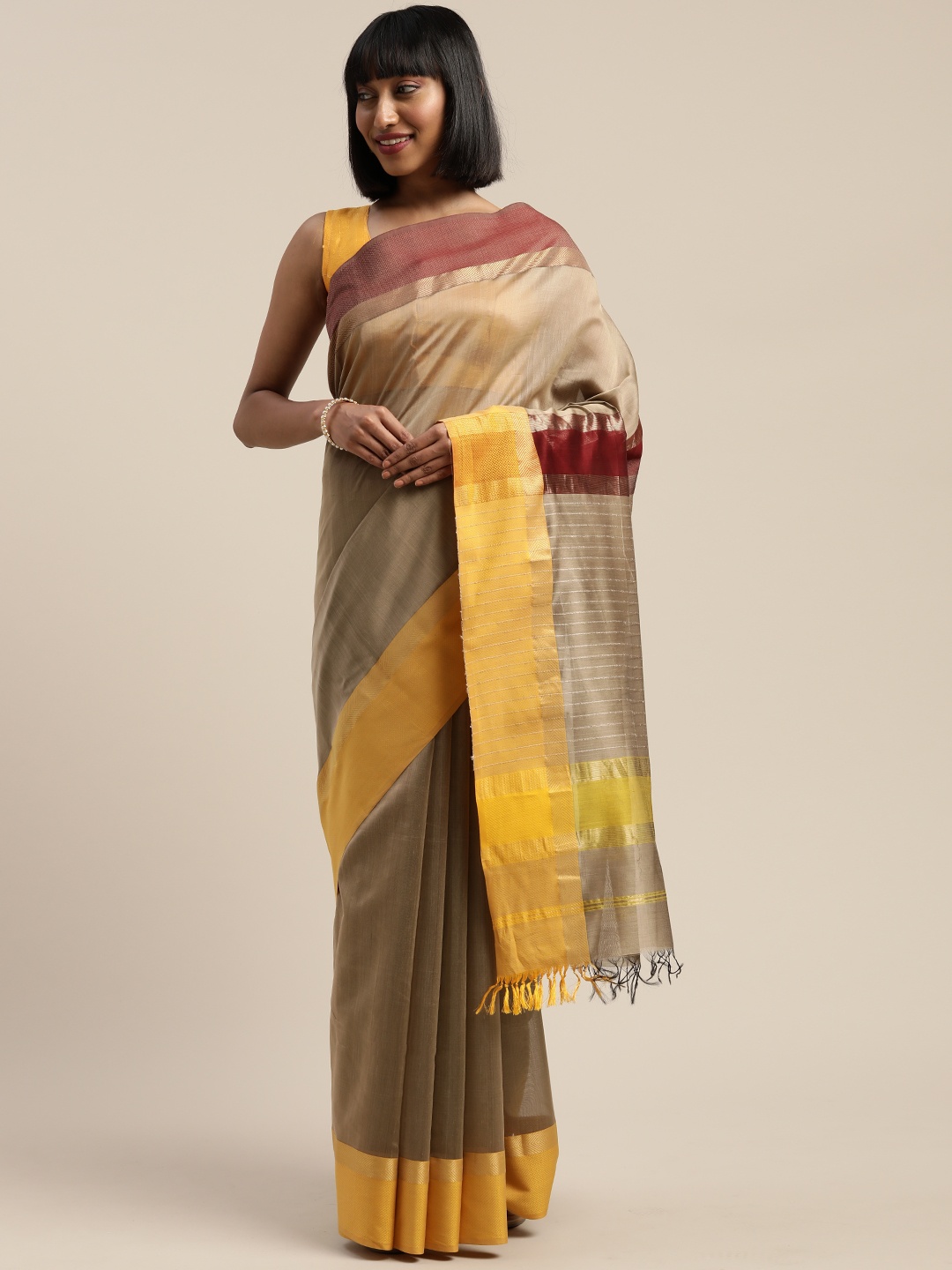 

Mitera Grey & Yellow Liva Silk Cotton Woven Design Maheshwari Saree