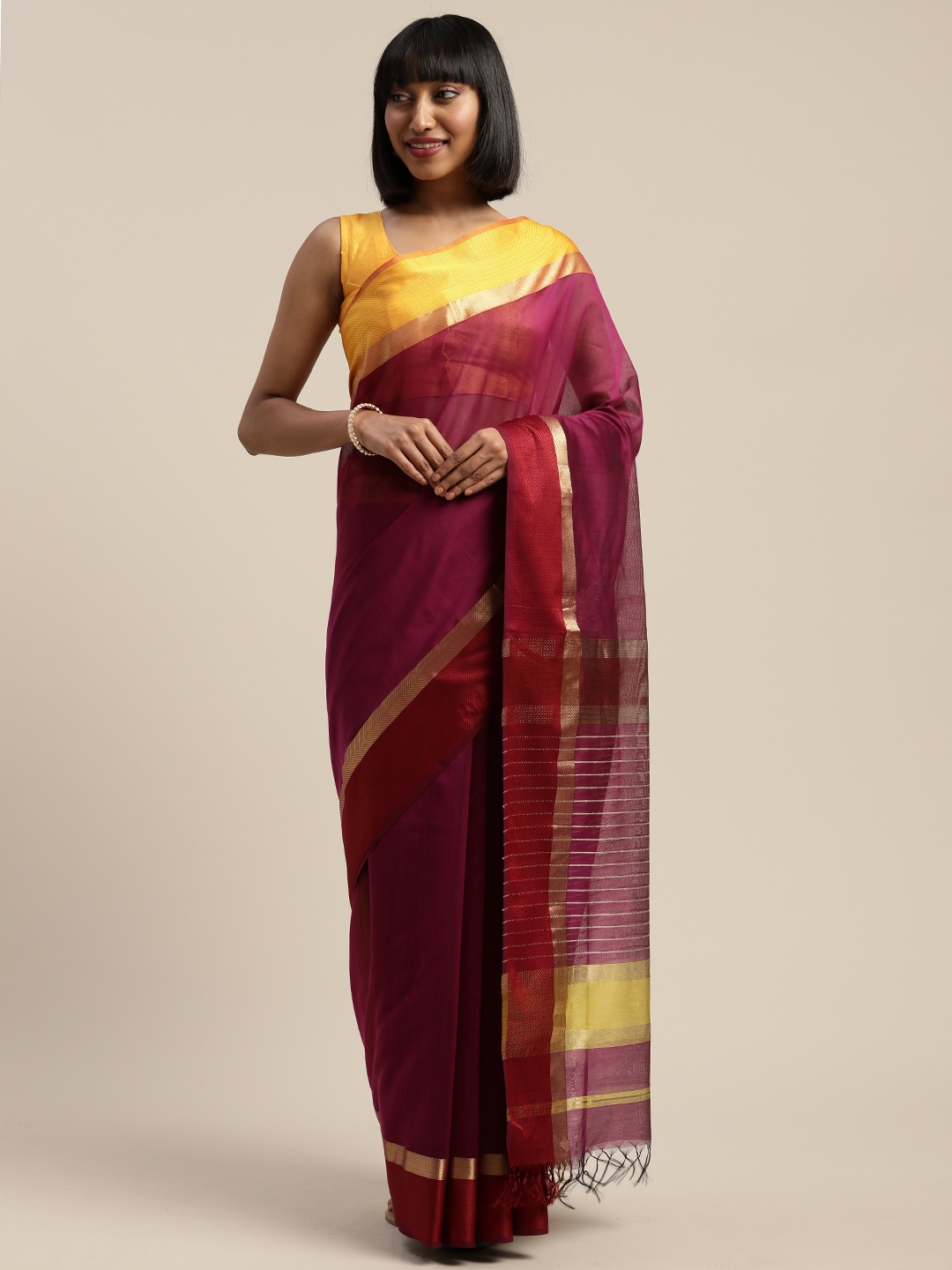 

Mitera Maroon & Purple Liva Silk Cotton Woven Design Maheshwari Saree