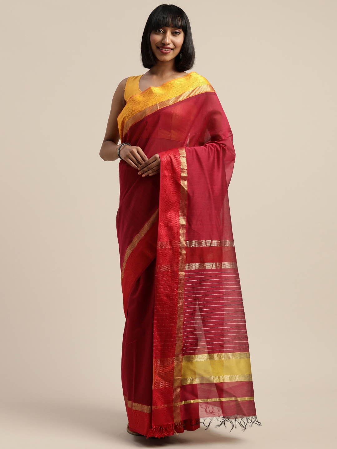 

Mitera Red & Yellow Liva Silk Cotton Woven Design Maheshwari Saree