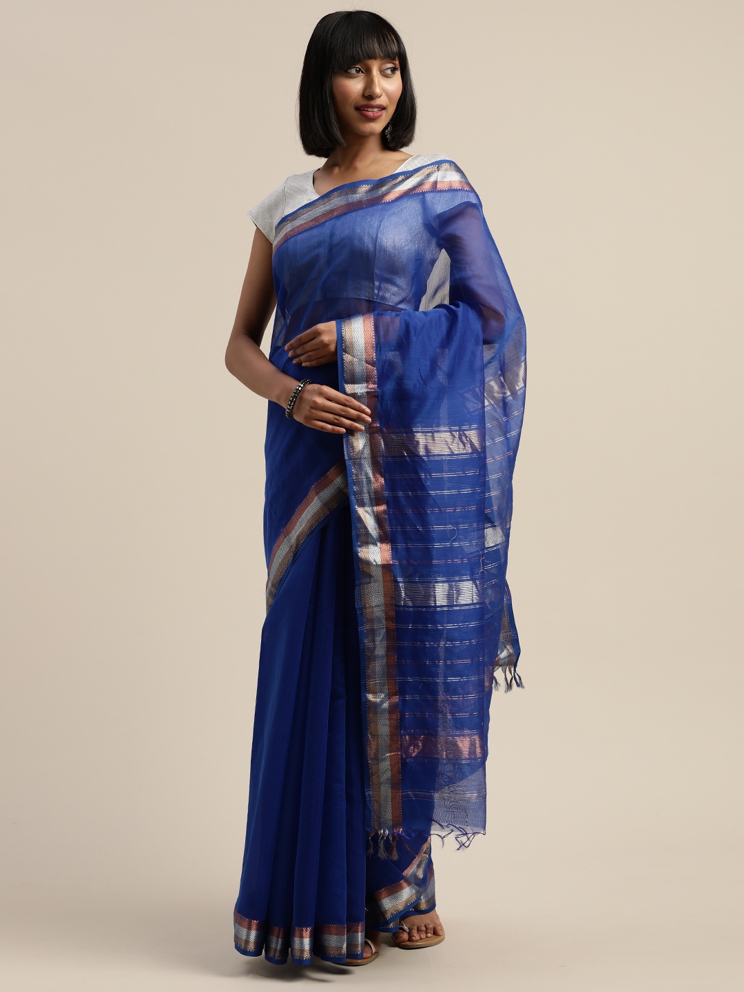 

Mitera Blue & Gold-Toned Liva Silk Cotton Woven Design Maheshwari Saree