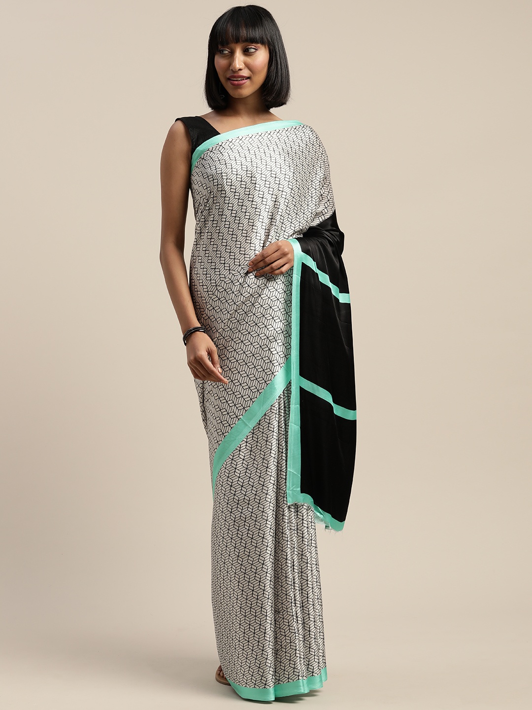 

Mitera White & Black Liva Geometric Printed Saree