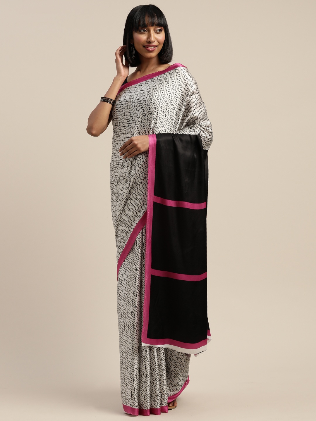 

Mitera White & Black Liva Geometric Printed Saree