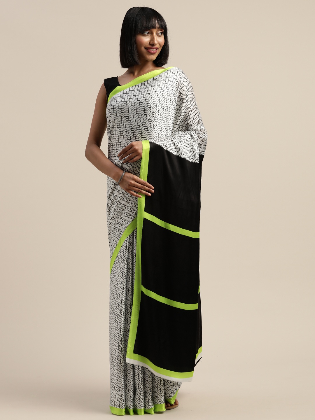 

Mitera White & Black Liva Geometric Printed Saree