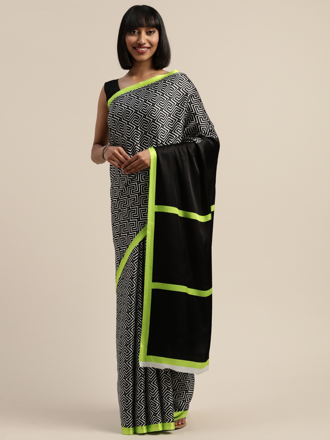 

Mitera Black & Grey Liva Geometric Printed Saree