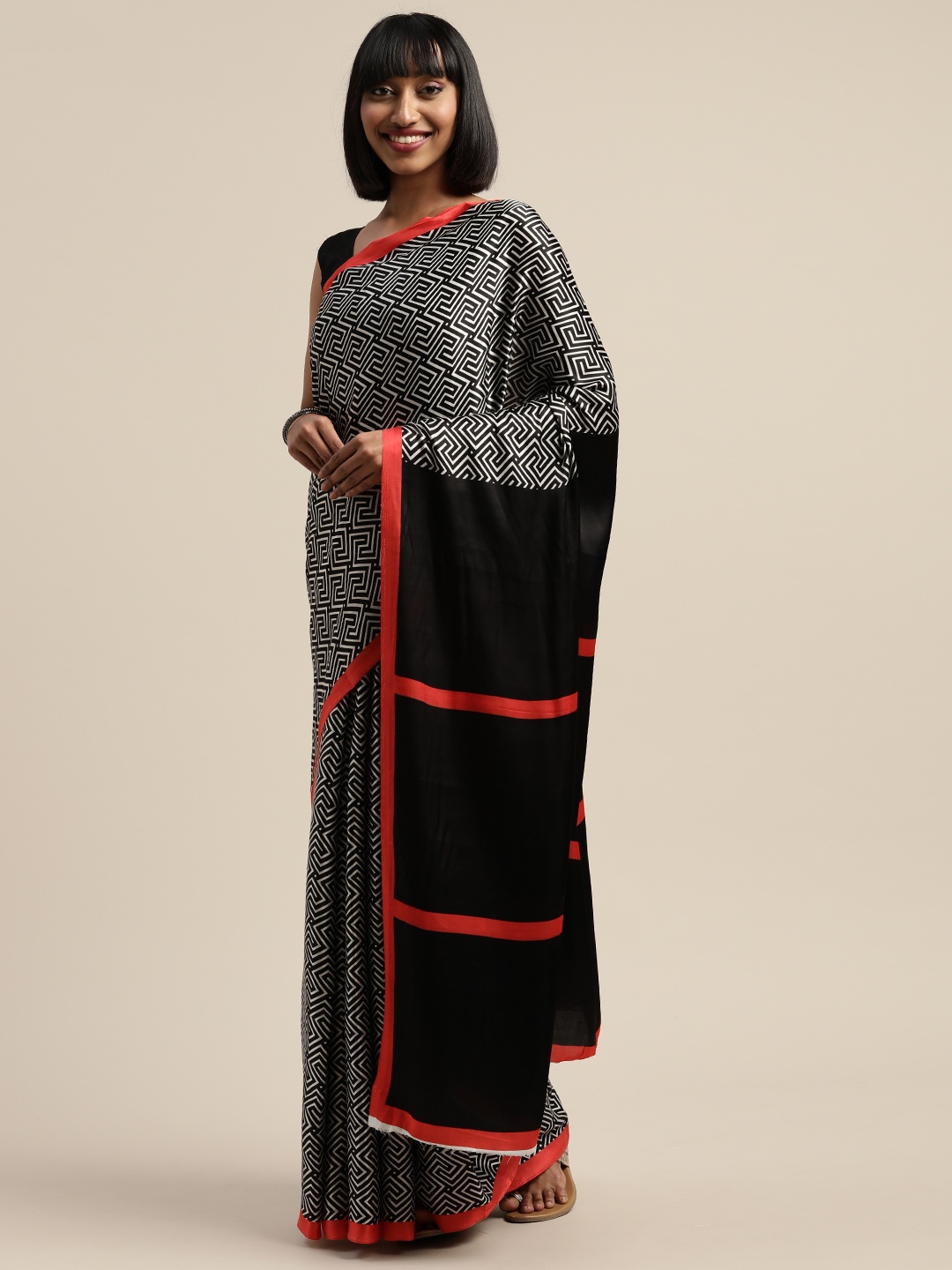 

Mitera Black & Grey Liva Geometric Printed Saree