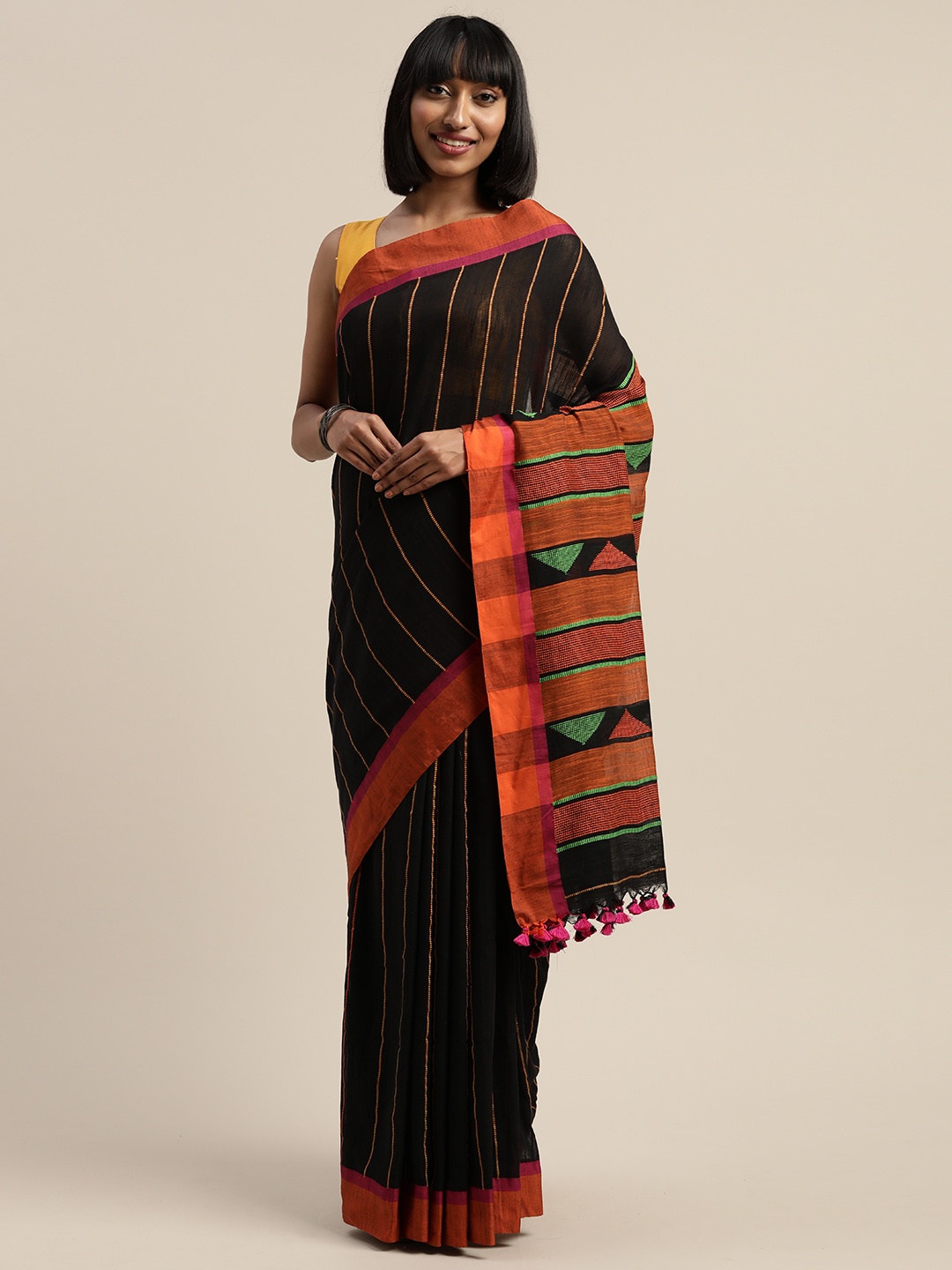 

Mitera Black Striped Liva Pure Cotton Saree