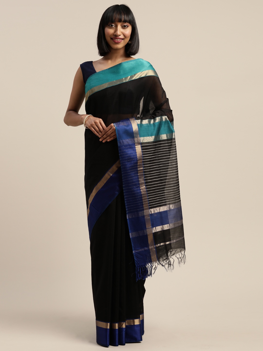 

Mitera Black & Blue Liva Silk Cotton Solid Maheshwari Saree