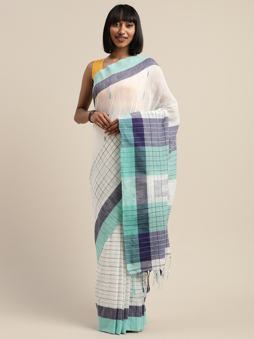 

Mitera White Woven Design Liva Pure Cotton Saree