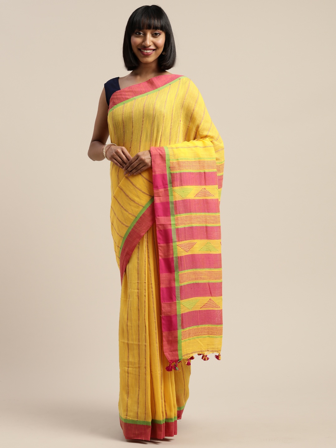 

Mitera Yellow & Pink Liva Pure Cotton Striped Saree