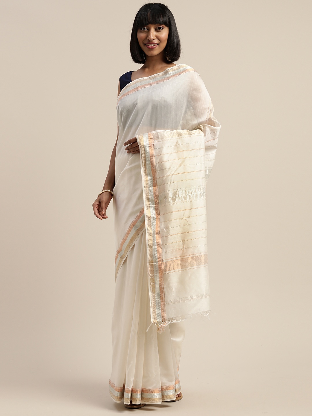 

Mitera Off-White Silk Cotton Liva Solid Maheshwari Saree