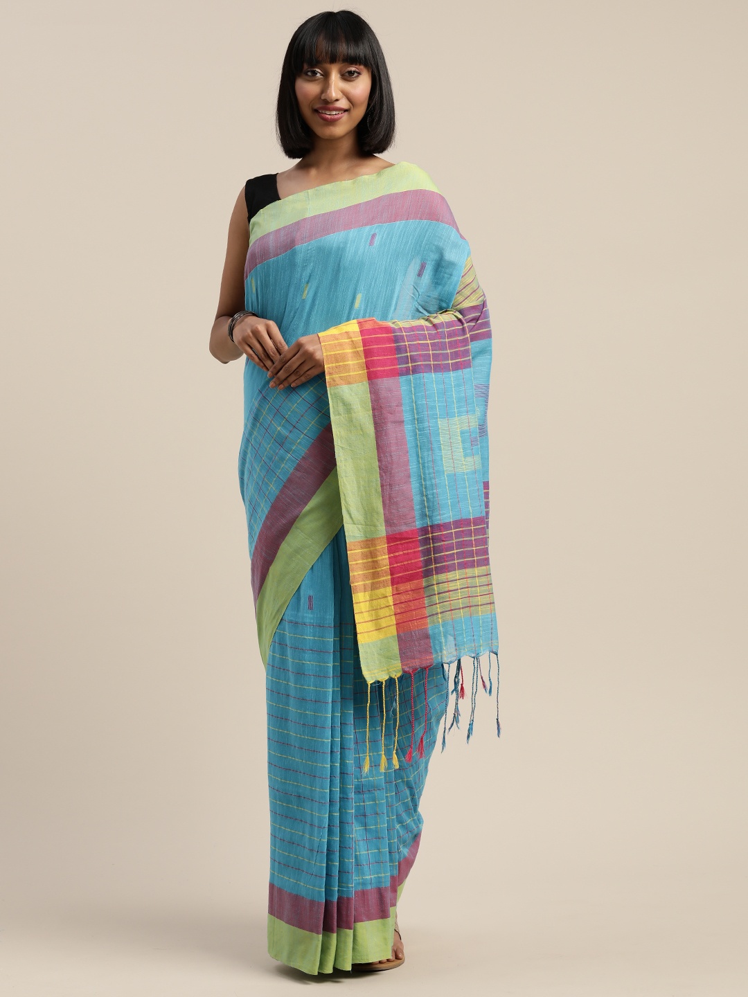 

Mitera Blue & Pink Liva Pure Cotton Striped Handloom Saree