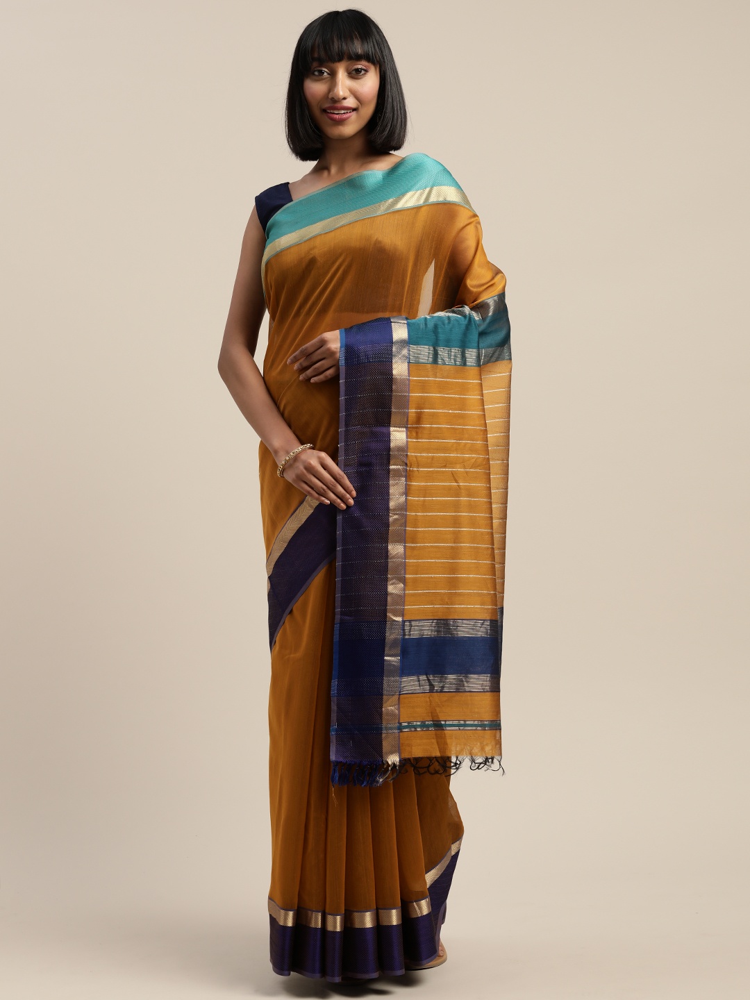 

Mitera Mustard Yellow & Blue Liva Silk Cotton Solid Maheshwari Handloom Saree