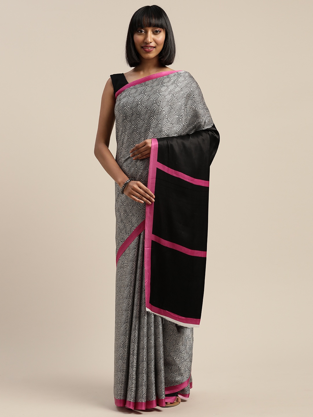 

Mitera Black & White Liva Printed Saree