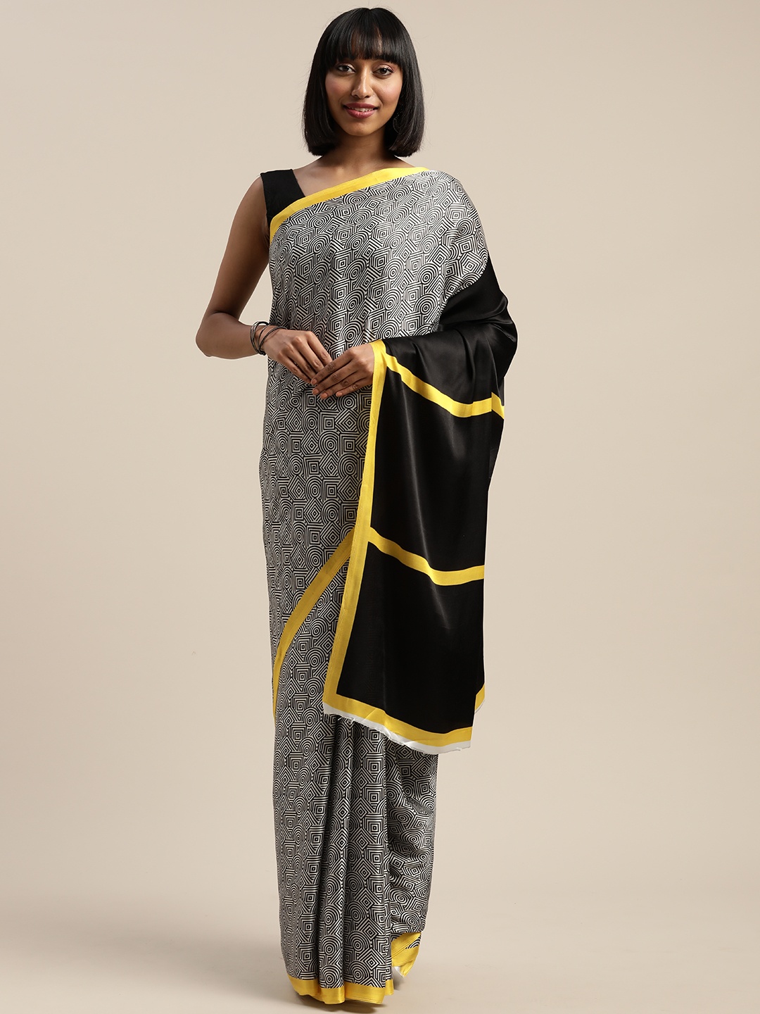 

Mitera Black & White Liva Geometric Printed Saree