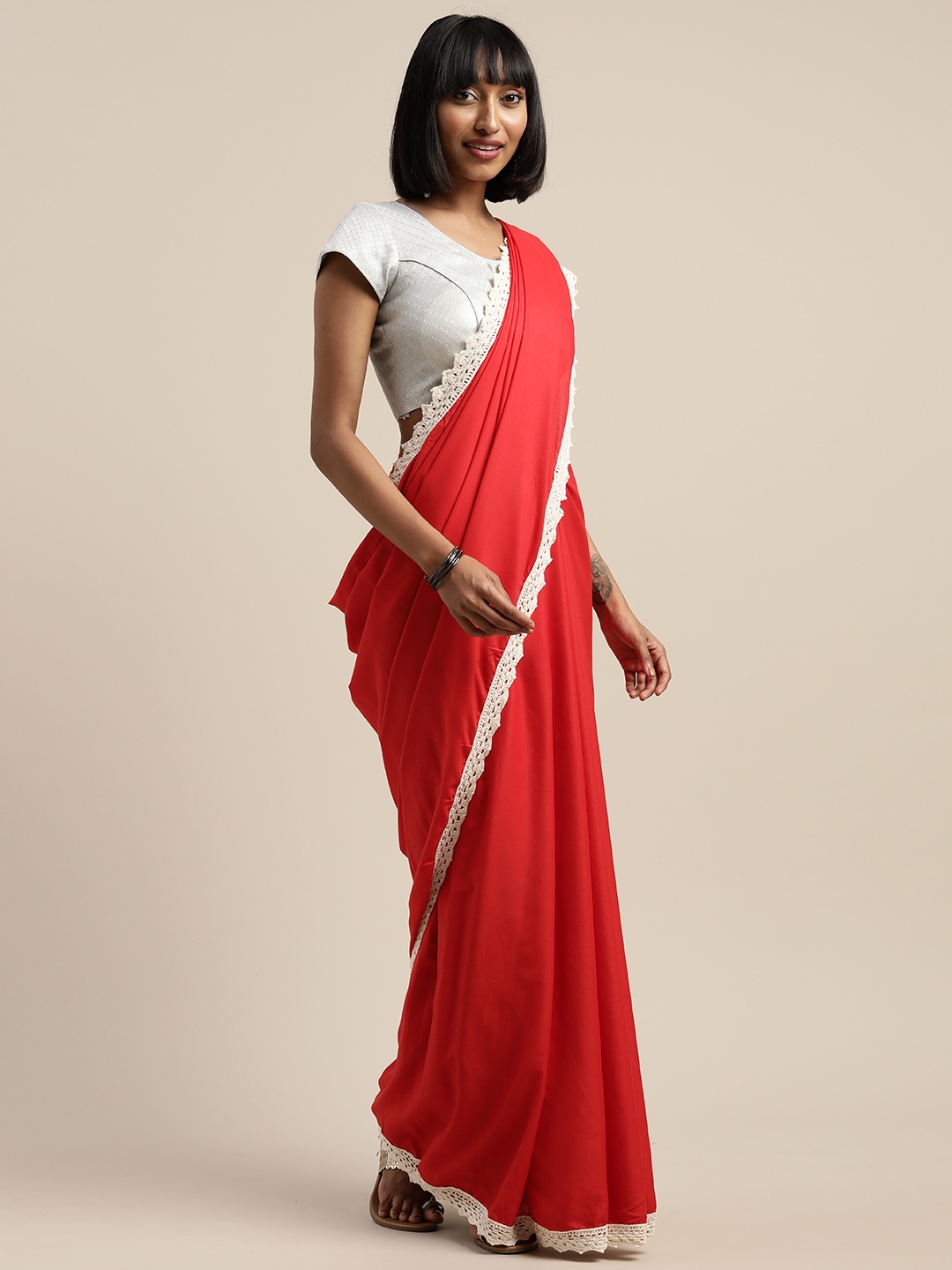 

Mitera Red & White Liva Solid Saree