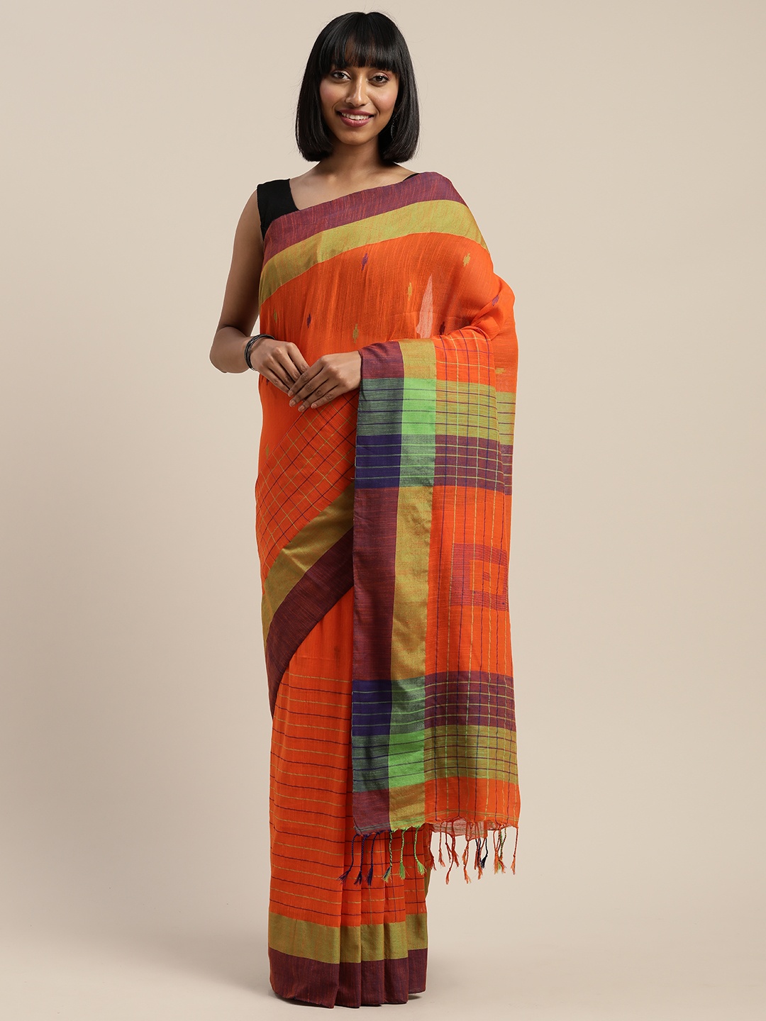 

Mitera Orange & Burgundy Liva Pure Cotton Striped Handloom Saree