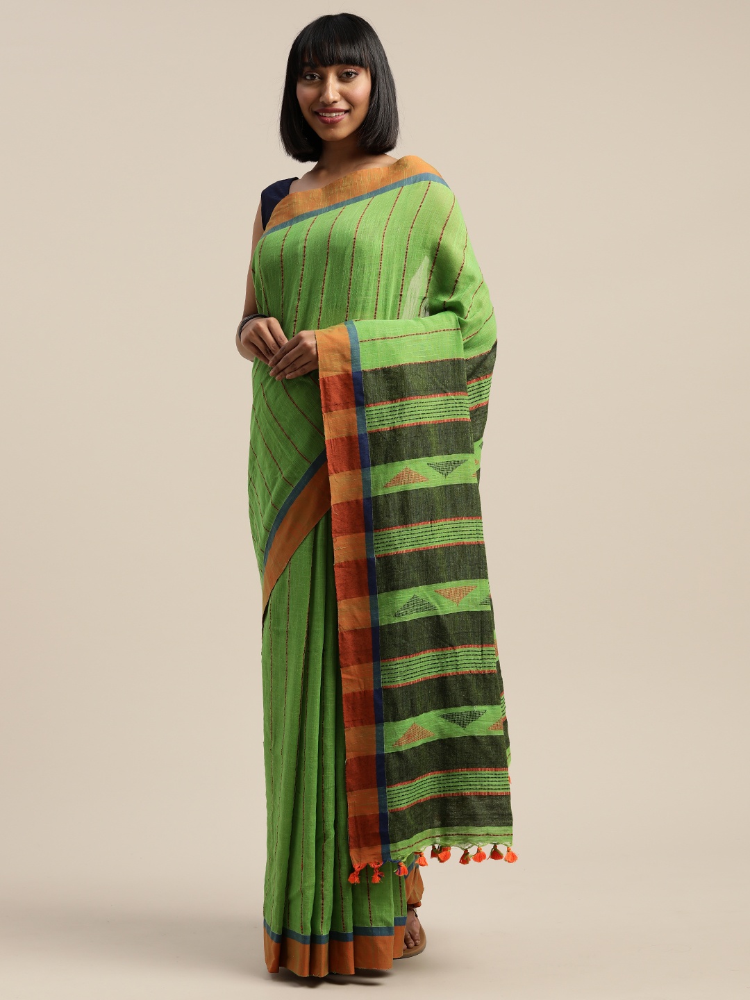 

Mitera Green Vertical Threadwork Liva Striped Pure Phulia Cotton Handloom Saree