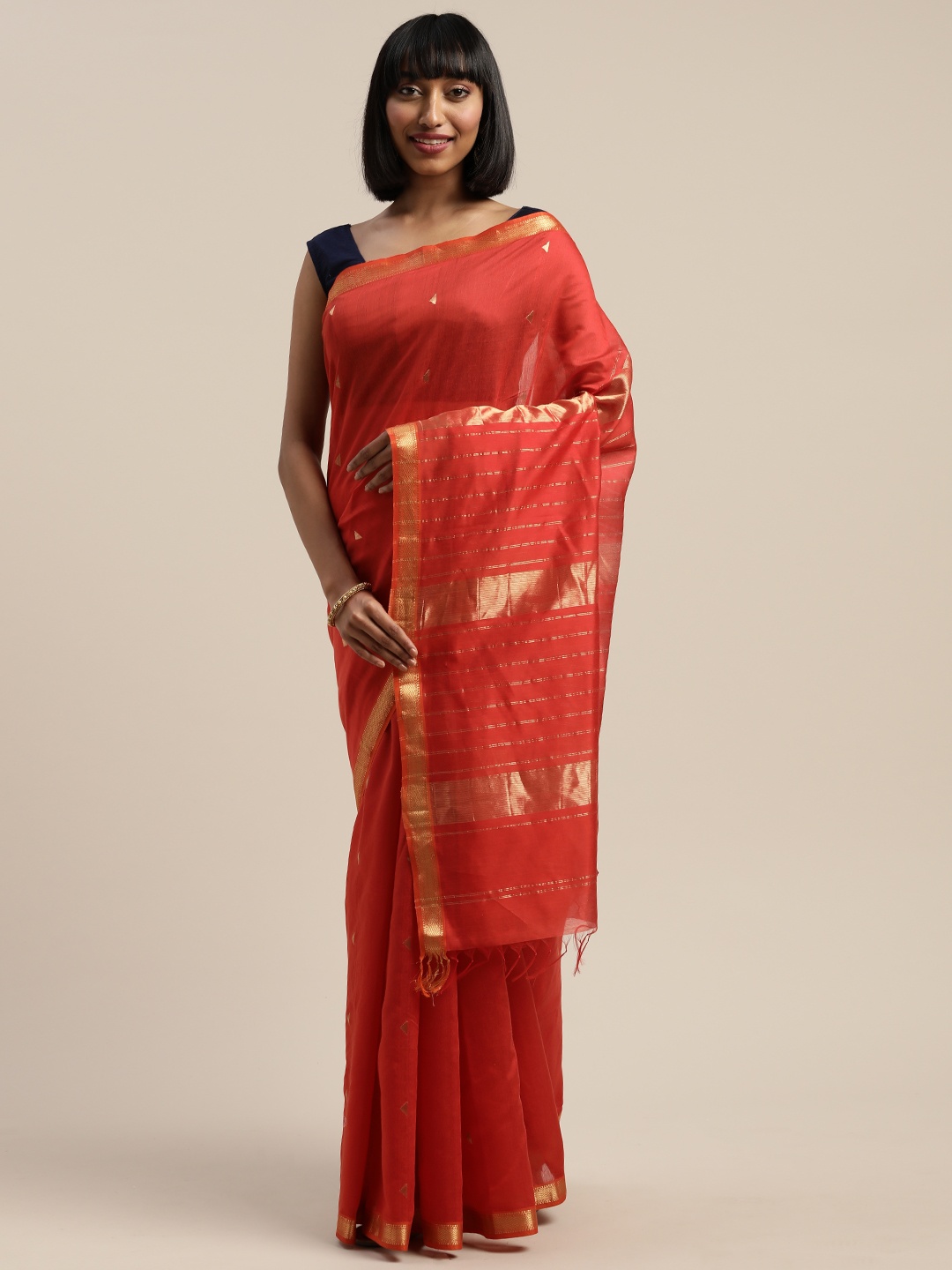 

Mitera Red & Gold-Toned Liva Woven Design Maheshwari Saree