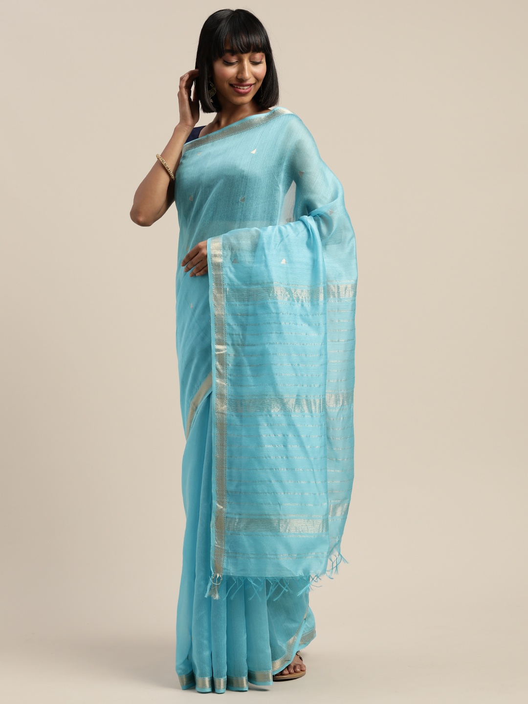 

Mitera Blue & Gold-Toned Liva Woven Design Maheshwari Saree