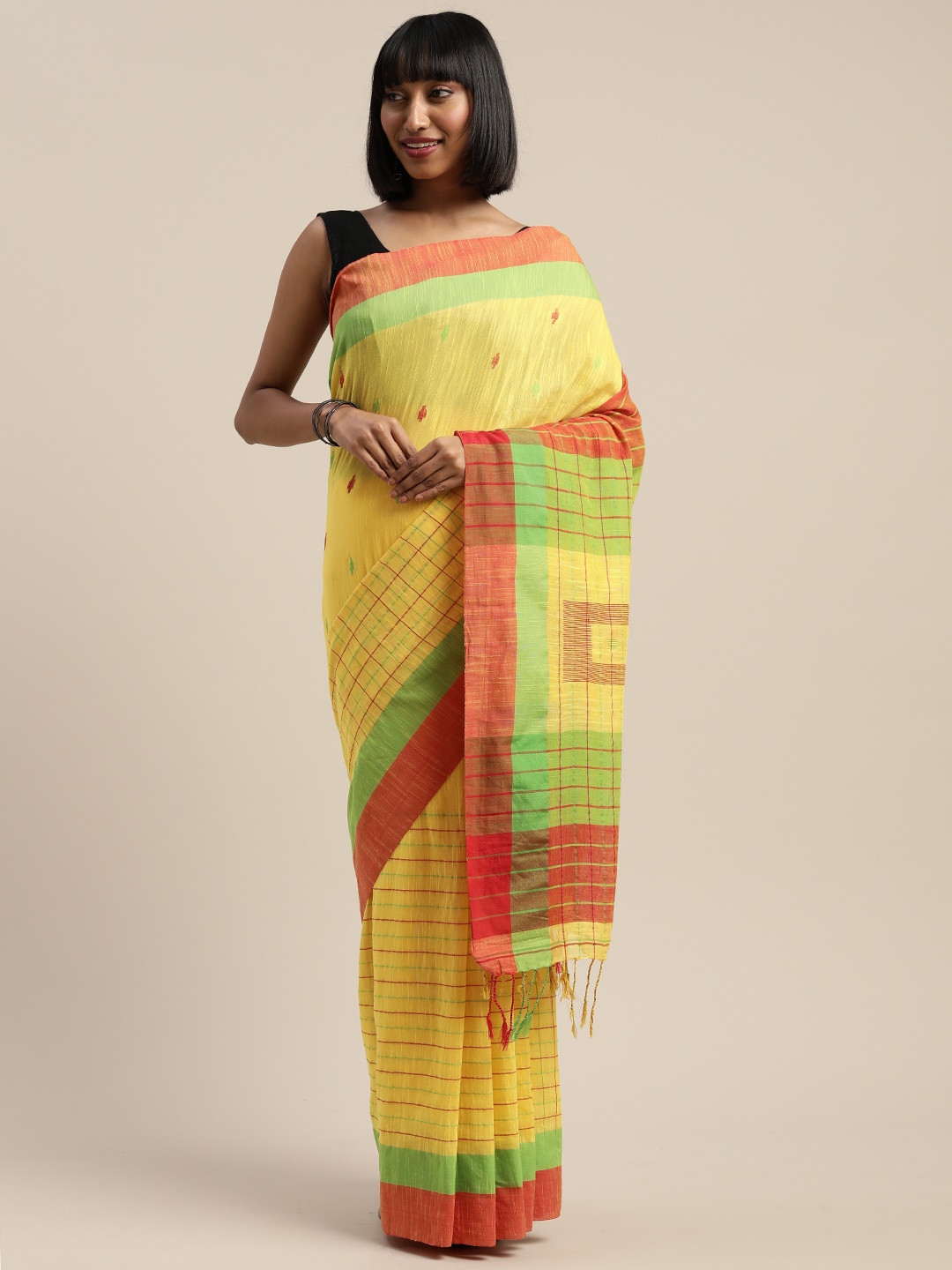 

Mitera Yellow & Red Liva Pure Cotton Striped Handloom Saree