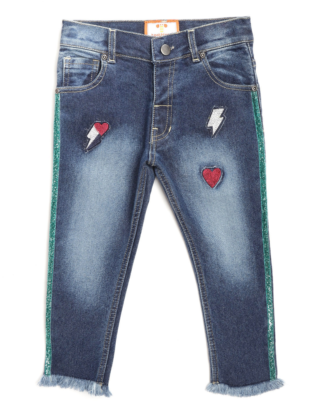 

toothless Girls Navy Blue Washed Stretchable Jeans with Frayed Hem & Side Taping Detail
