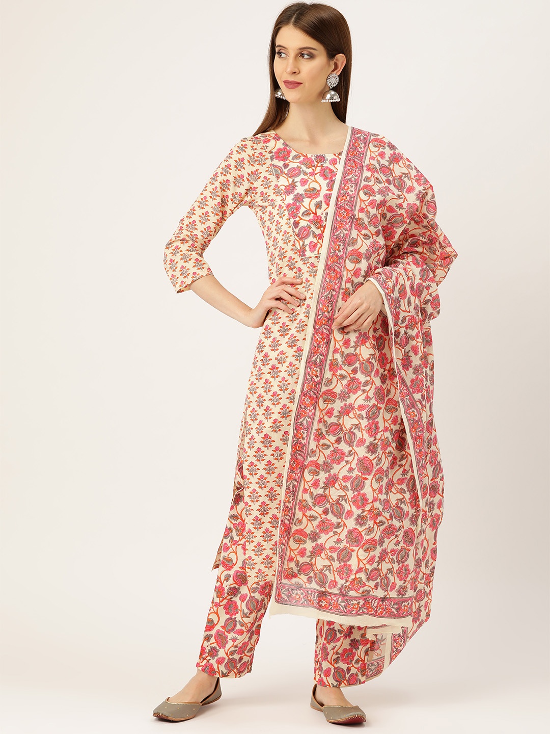 

Prakrti Women Beige & Orange Hand Block Buti Print Kurta with Trousers & Dupatta