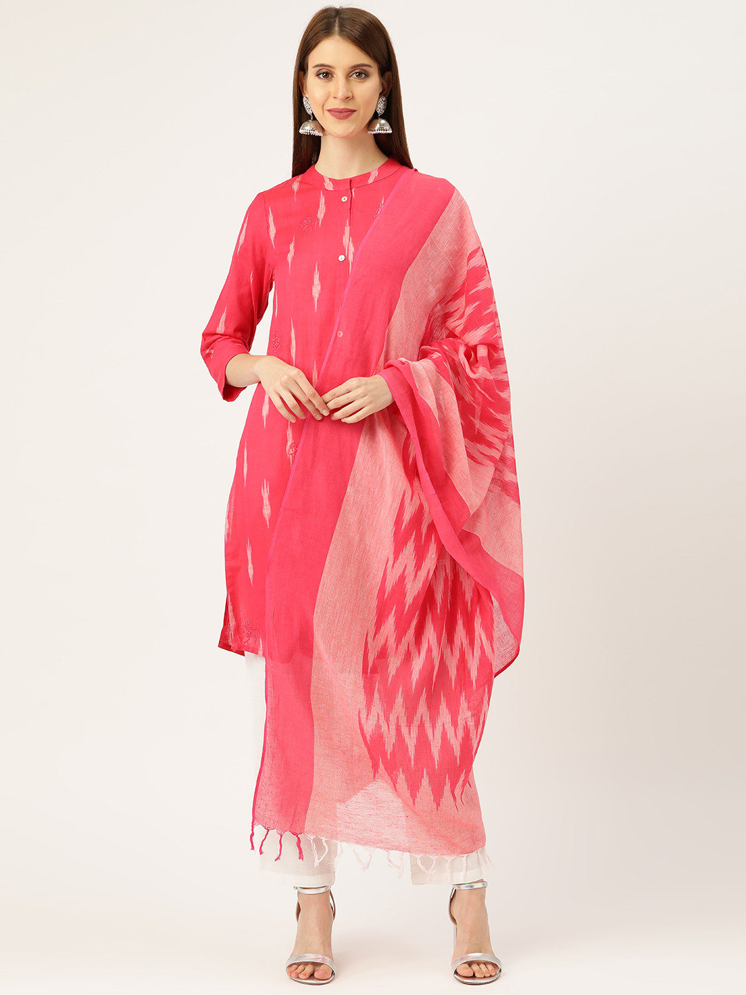 

Prakrti Women Pink & Off-White Pochampally Ikat Print Sustainable Kurta with Trousers & Dupatta
