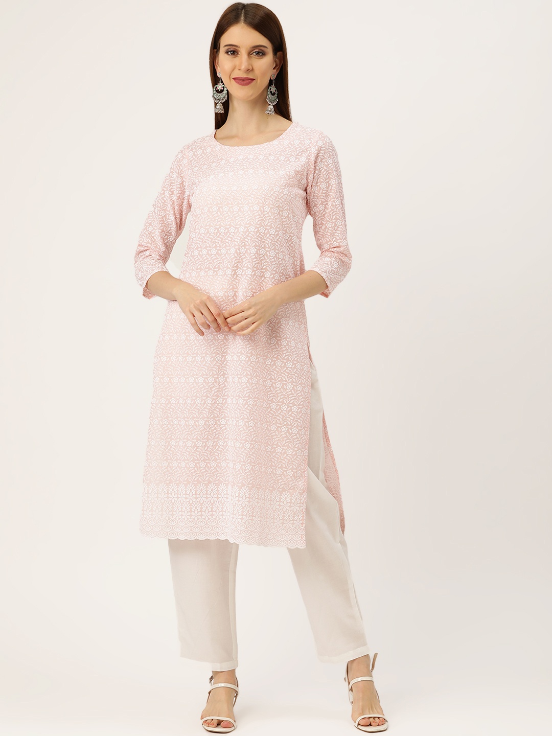

Prakrti Women Pink & White Chikankari Embroidered Kurta with Trousers