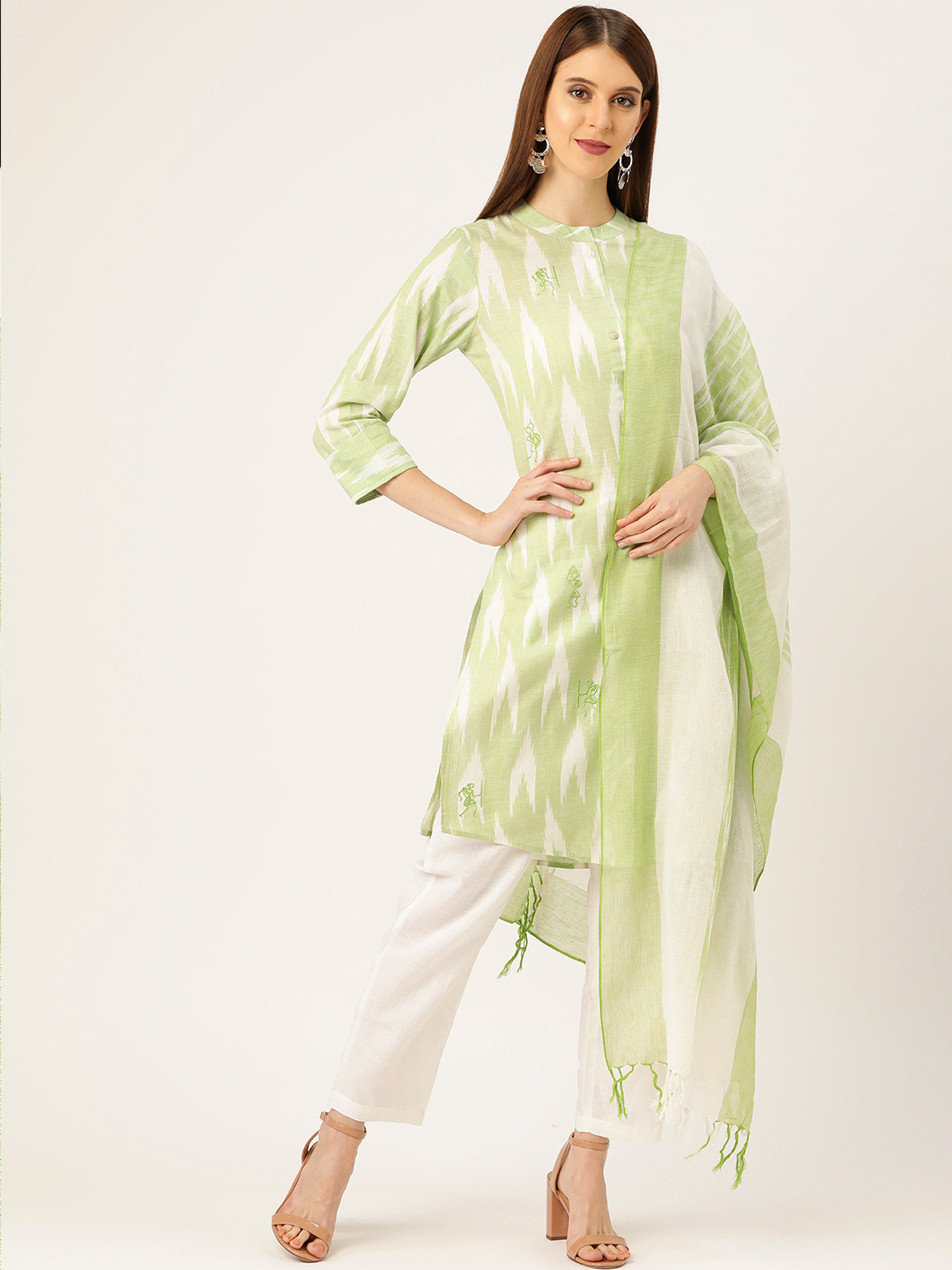 

Prakrti Women Green & White Pochampally Ikat Print Sustainable Kurta with Trousers & Dupatta