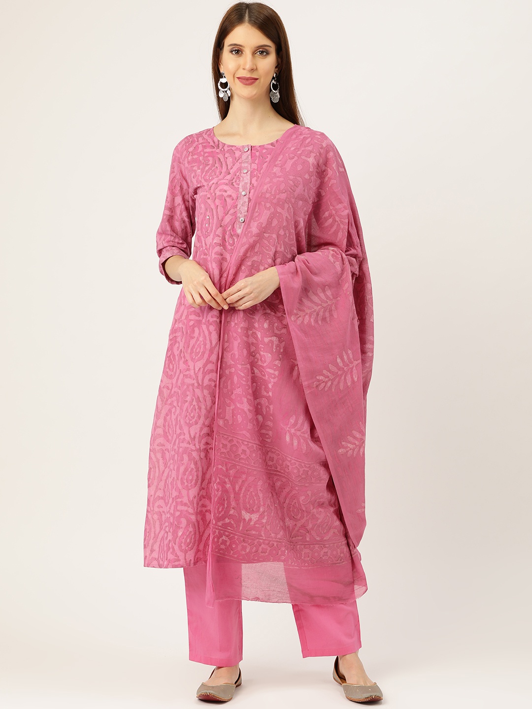 

Prakrti Women Pink Hand Block Daabu Jaal Print Sustainable Kurta with Trousers & Dupatta