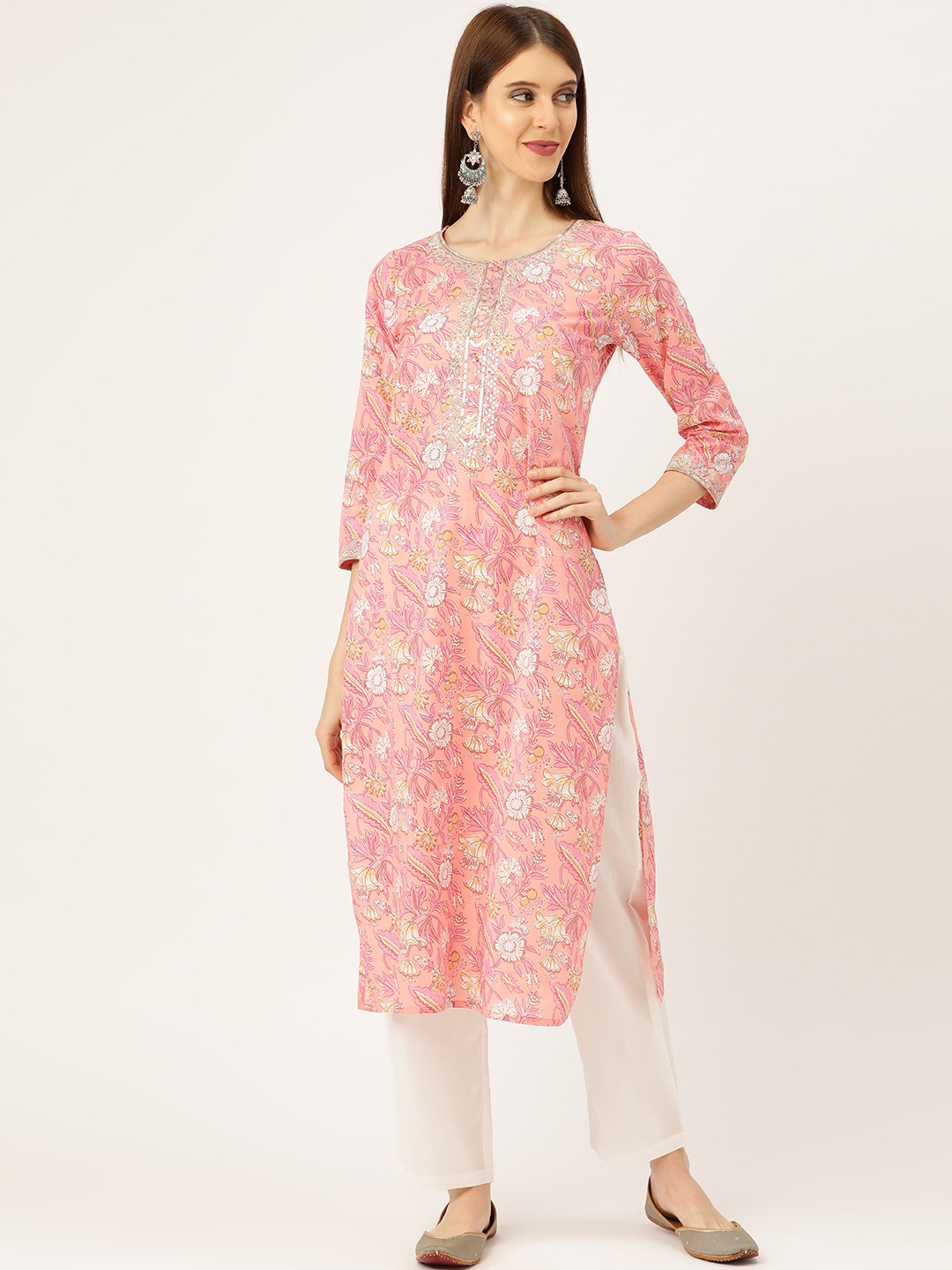 

Prakrti Women Pink & White Ethnic Print Kurta with Trousers