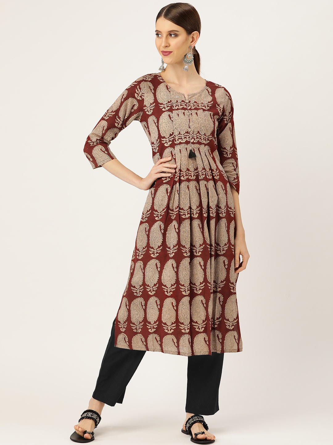 

Prakrti Women Maroon & Black Hand Block Daabu Paisley Print Sustainable Kurta with Trousers