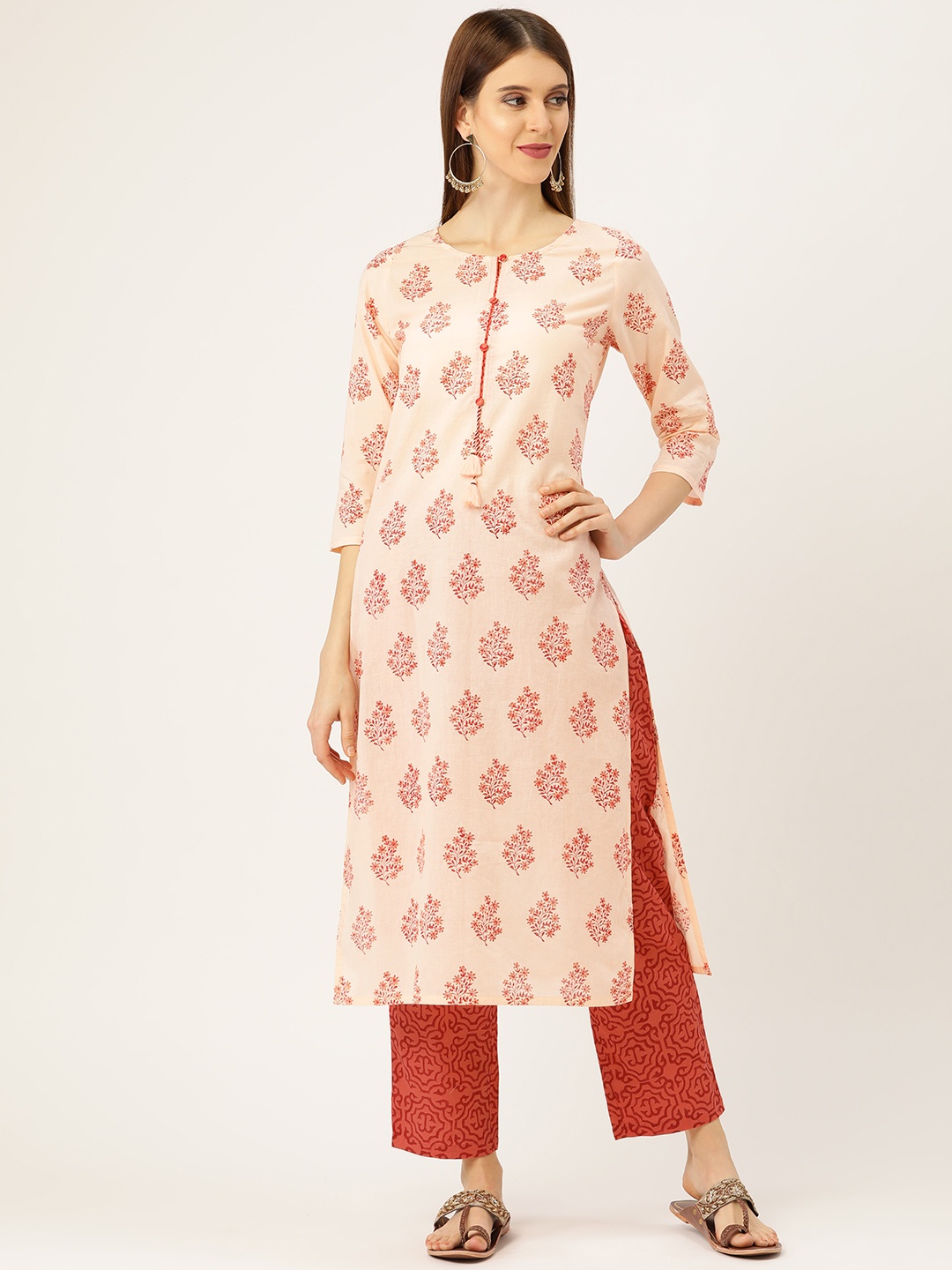 

Prakrti Women Peach-Coloured & Red Hand Block Print Sustainable Kurta with Trousers