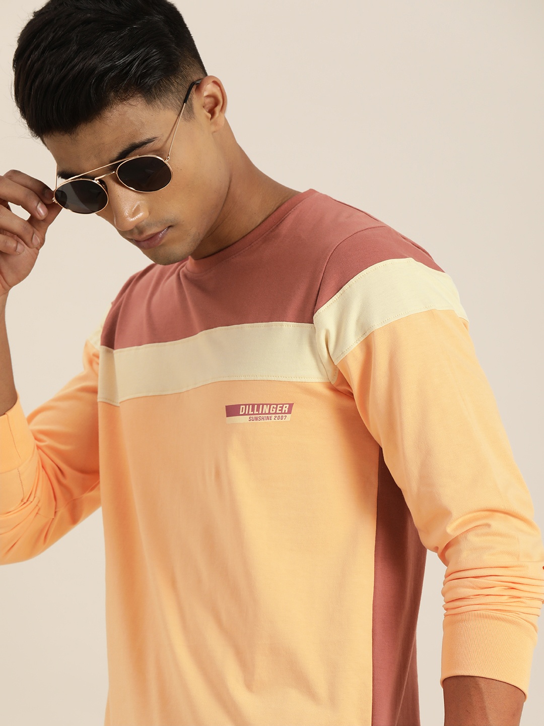 

DILLINGER Men Peach-Coloured Rust Pink Colourblocked Round Neck Pure Cotton T-shirt