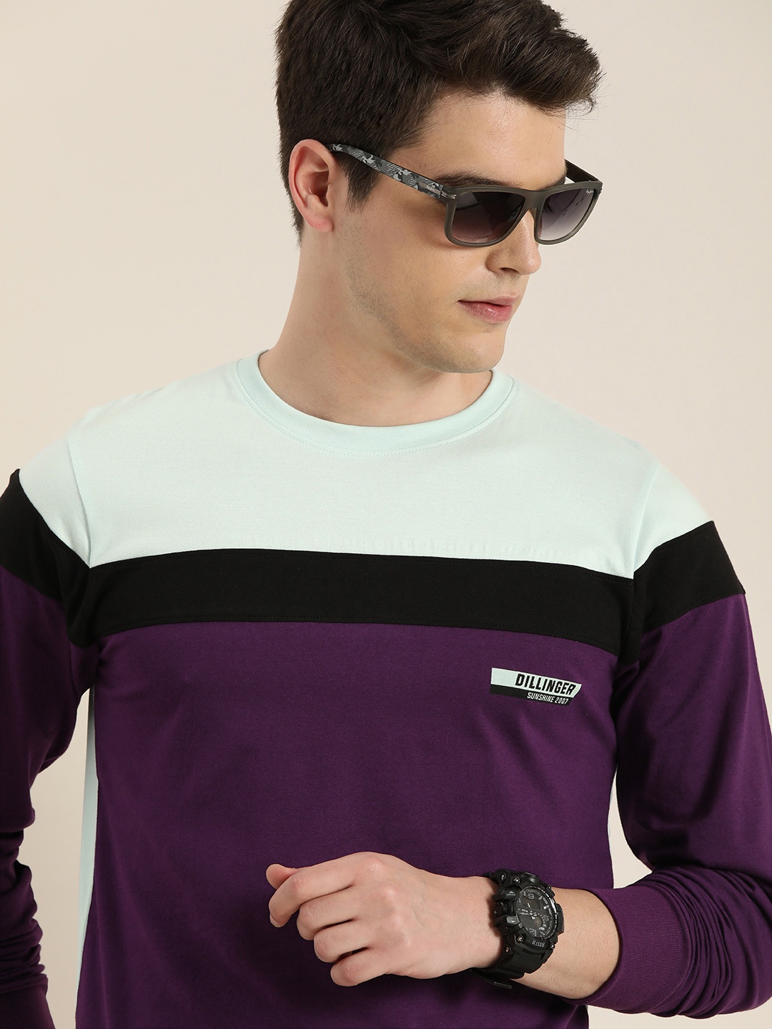 

DILLINGER Men Purple Blue Colourblocked Round Neck Pure Cotton T-shirt