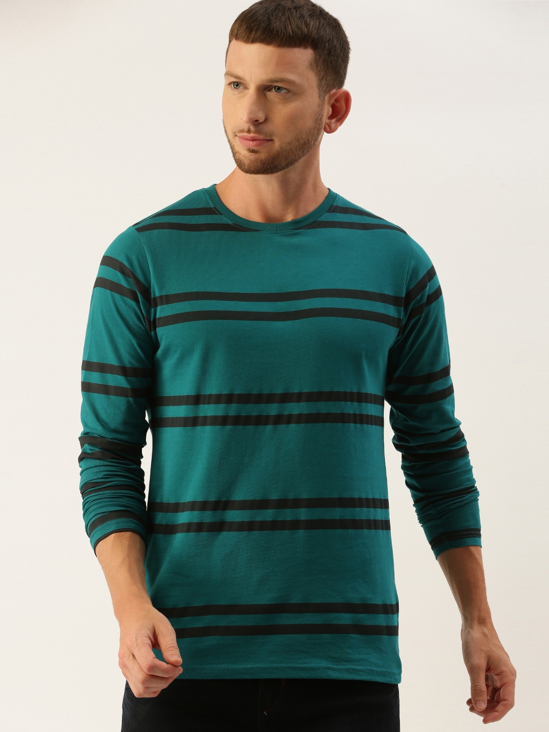 

DILLINGER Men Teal Green Black Striped Round Neck Pure Cotton T-shirt