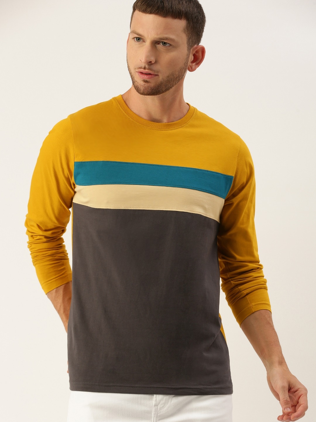

DILLINGER Men Mustard Yellow Charcoal Grey Striped Round Neck Pure Cotton T-shirt