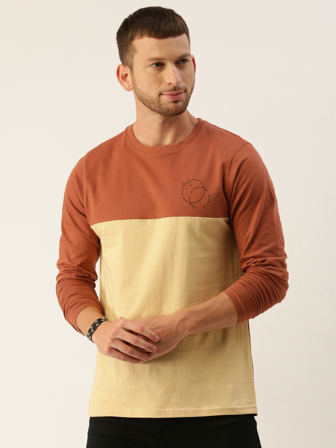 

DILLINGER Men Rust Brown Beige Colourblocked Round Neck Pure Cotton T-shirt