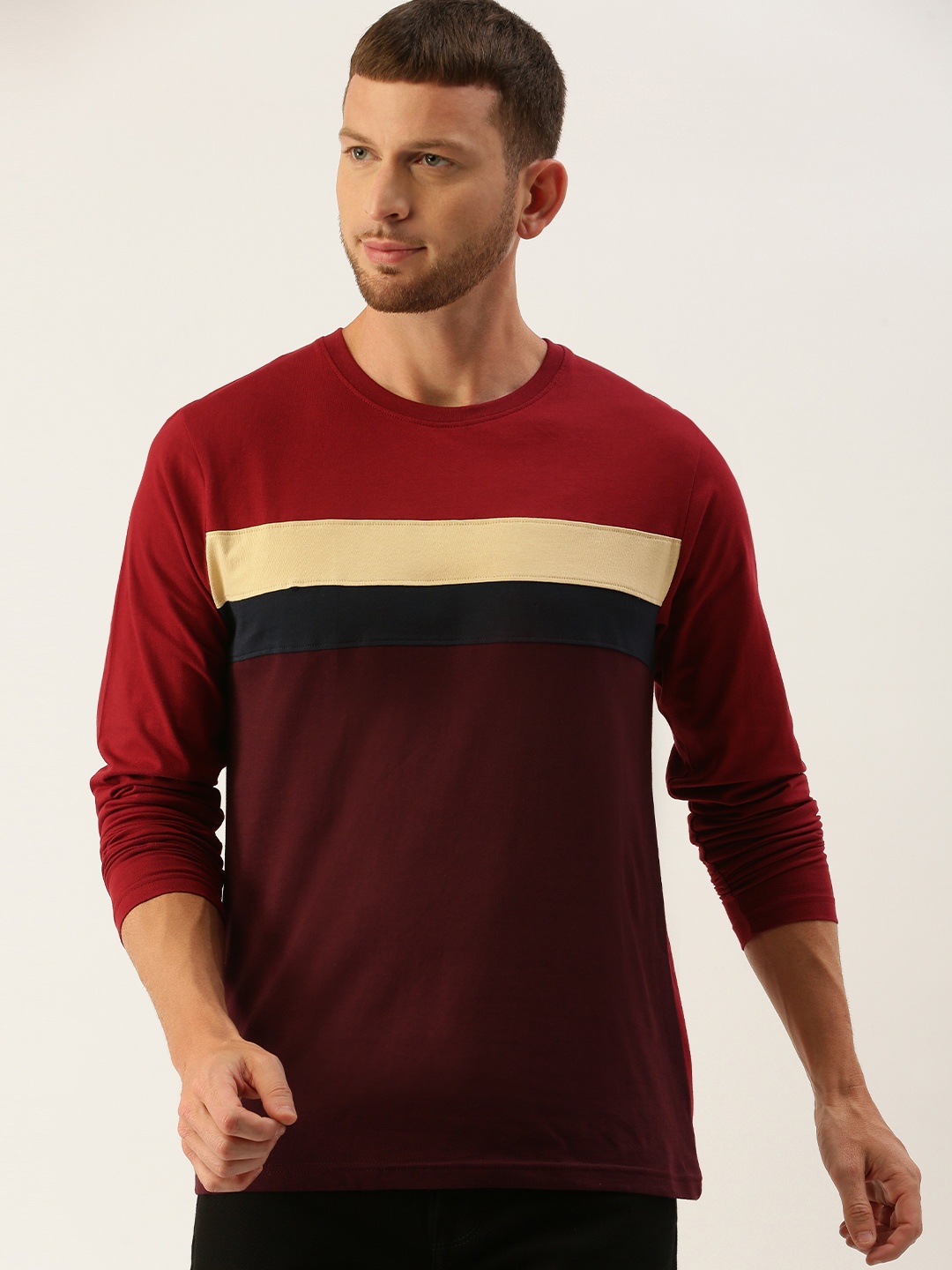 

DILLINGER Men Maroon Beige Striped Round Neck Pure Cotton T-shirt