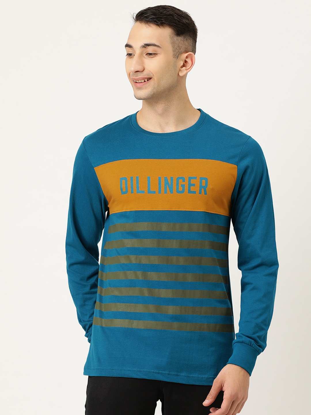 

DILLINGER Men Blue Olive Green Striped Round Neck Pure Cotton T-shirt with Logo Print