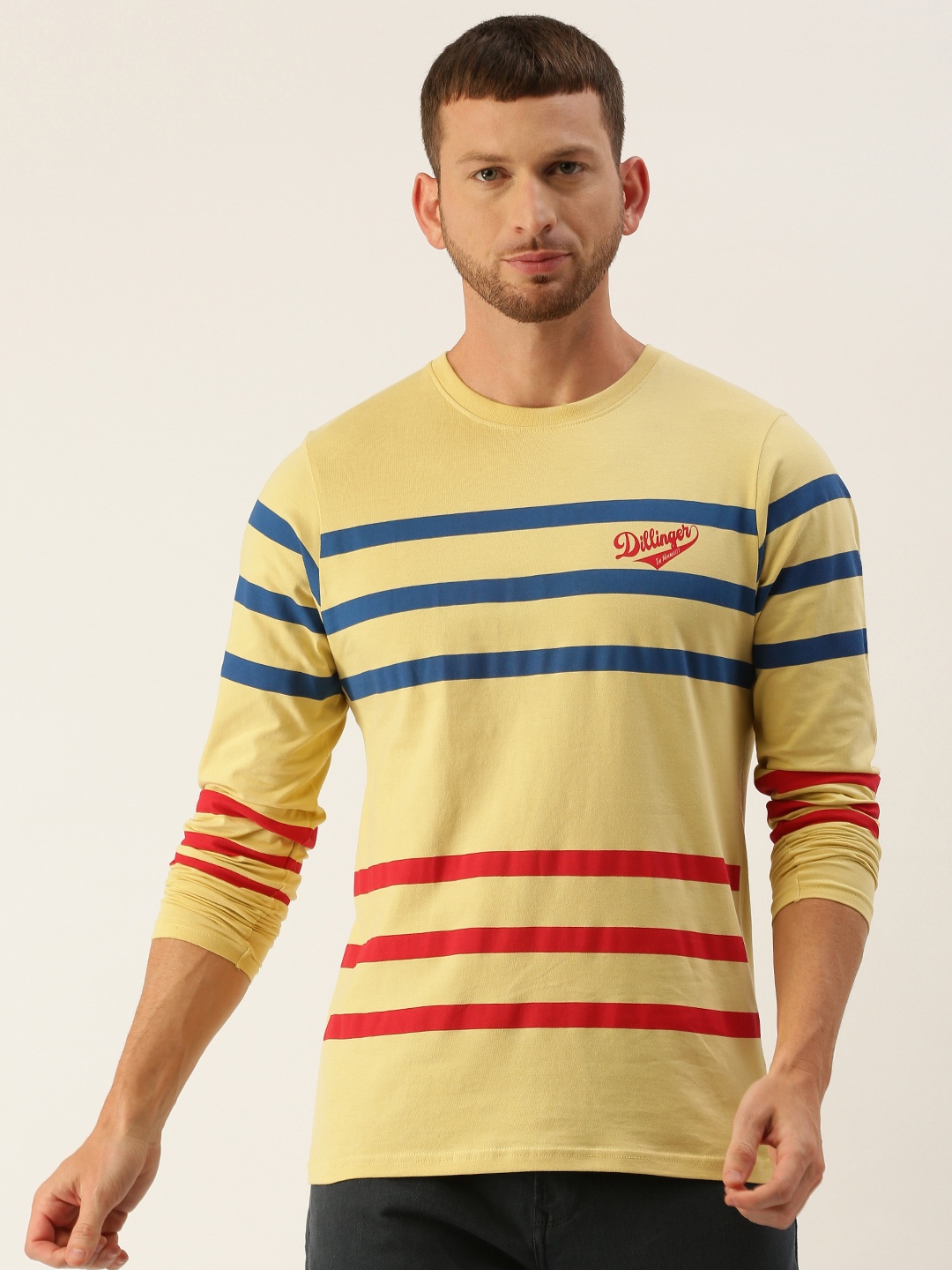 

DILLINGER Men Yellow Blue Striped Round Neck Pure Cotton T-shirt