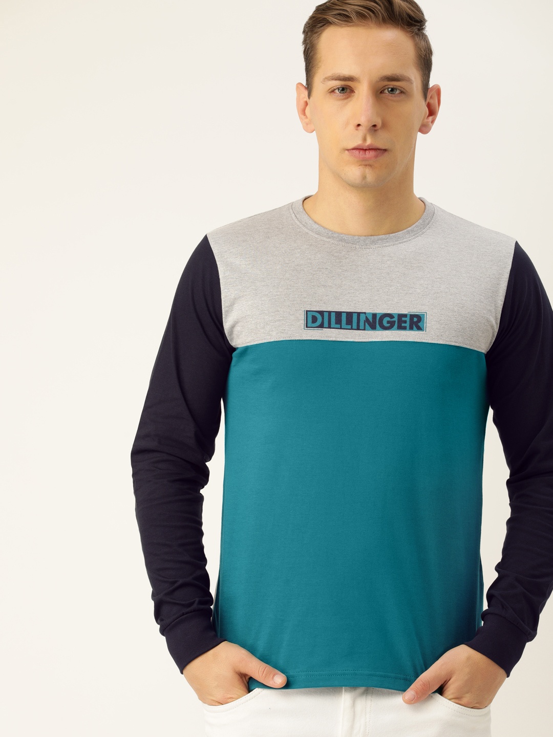 

DILLINGER Men Teal Blue Grey Colourblocked Round Neck Pure Cotton T-shirt
