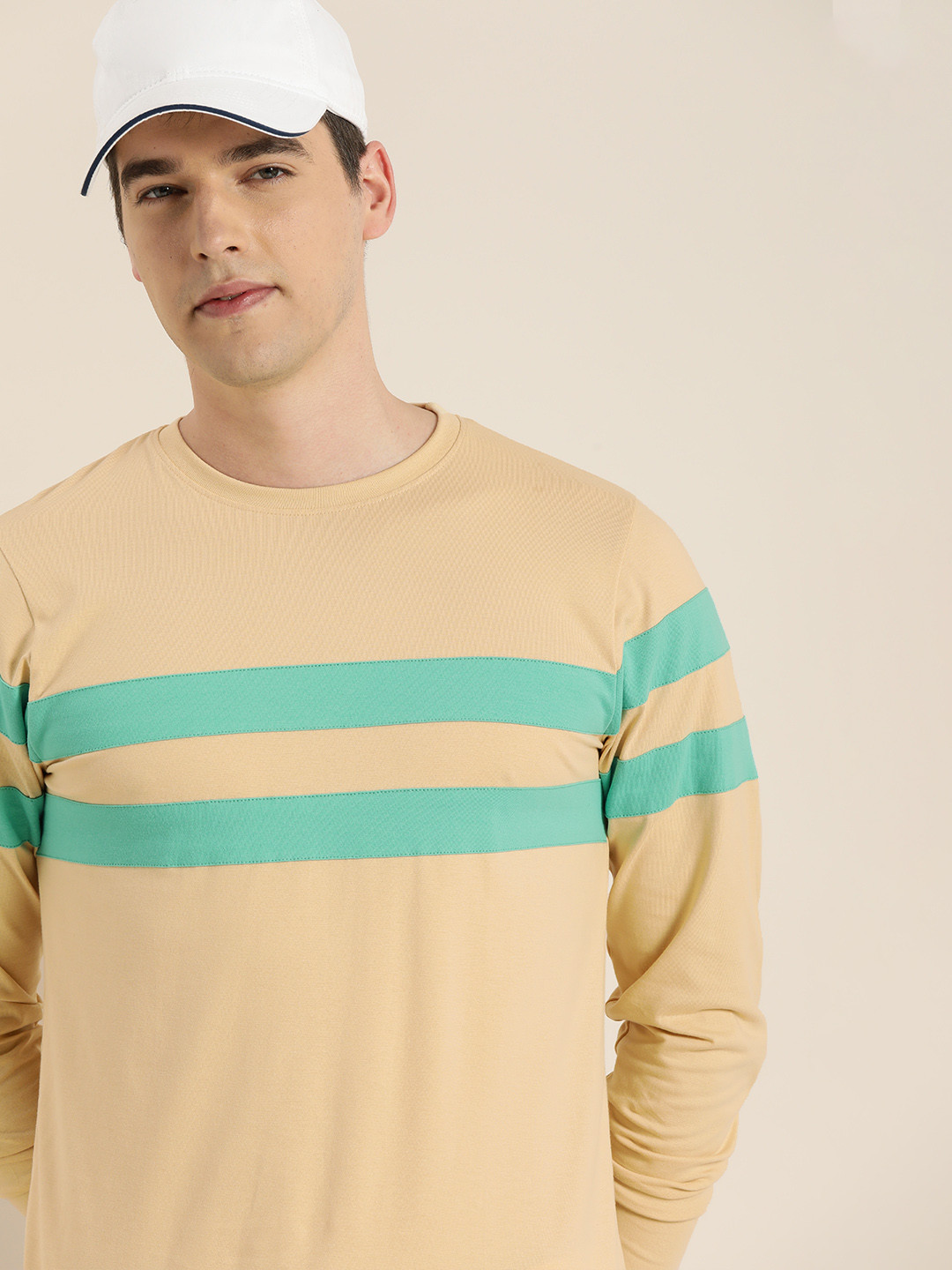 

DILLINGER Men Beige Sea Green Striped Round Neck Pure Cotton T-shirt