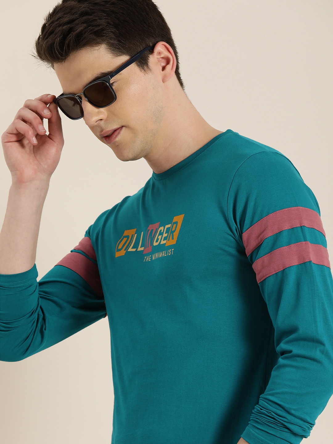 

DILLINGER Men Teal Blue Printed Round Neck Pure Cotton T-shirt