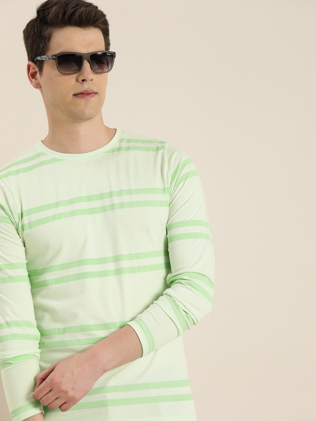 

DILLINGER Men Sea Green Striped Round Neck Pure Cotton T-shirt