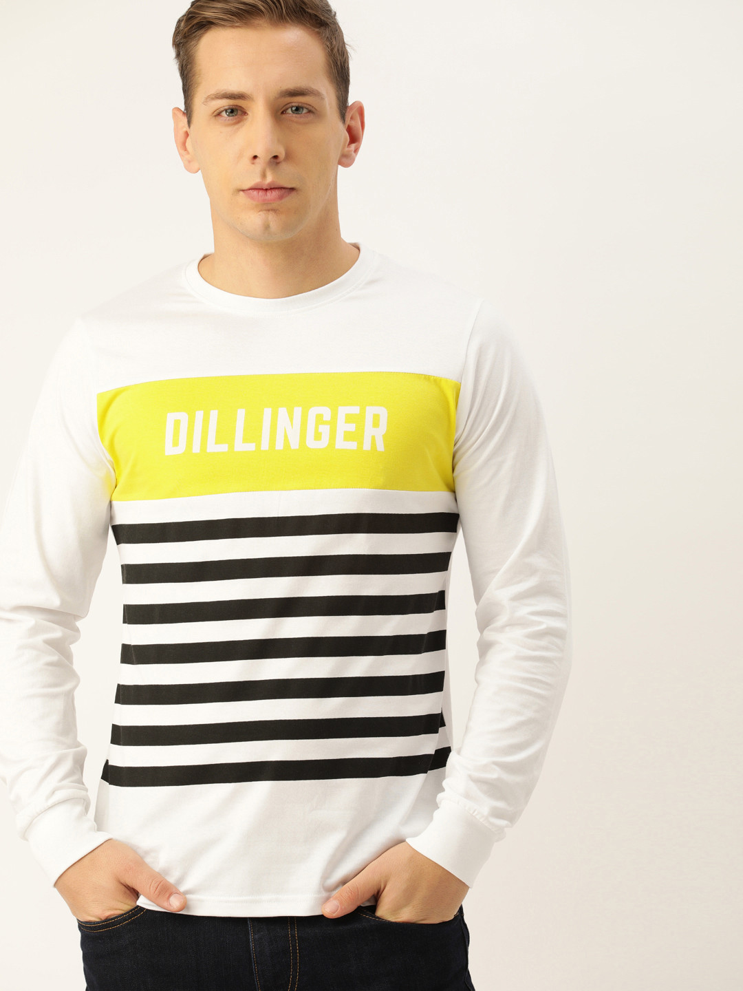 

DILLINGER Men White Black Striped Round Neck Pure Cotton T-shirt