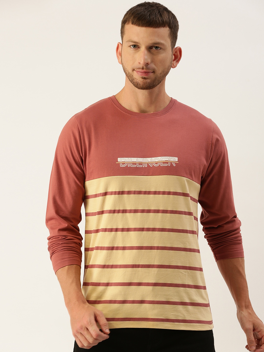 

DILLINGER Men Pink Cream-Coloured Striped Round Neck Pure Cotton T-shirt