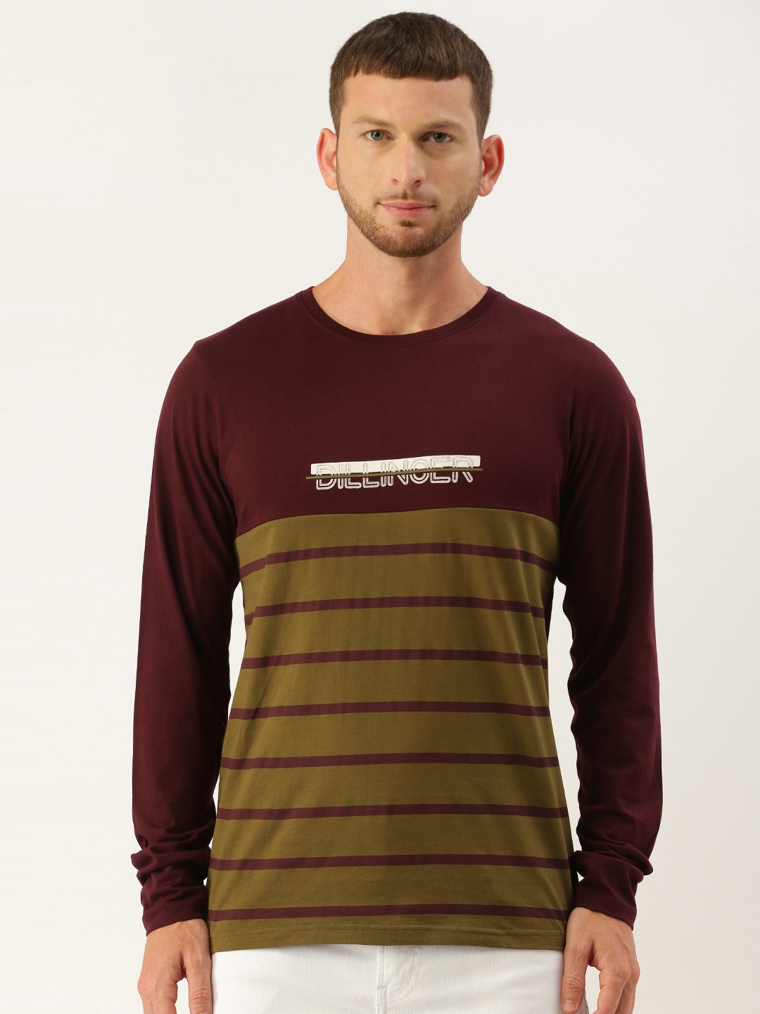 

DILLINGER Men Burgundy Olive Green Striped Round Neck Pure Cotton T-shirt with Logo Print