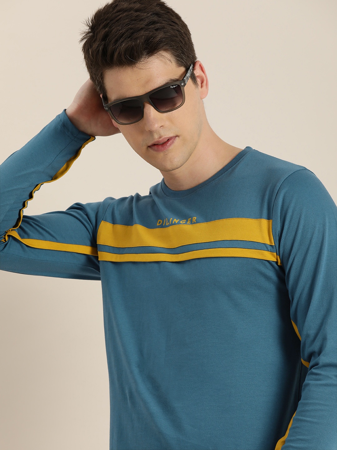 

DILLINGER Men Teal Blue & Mustard Yellow Striped Round Neck T-shirt