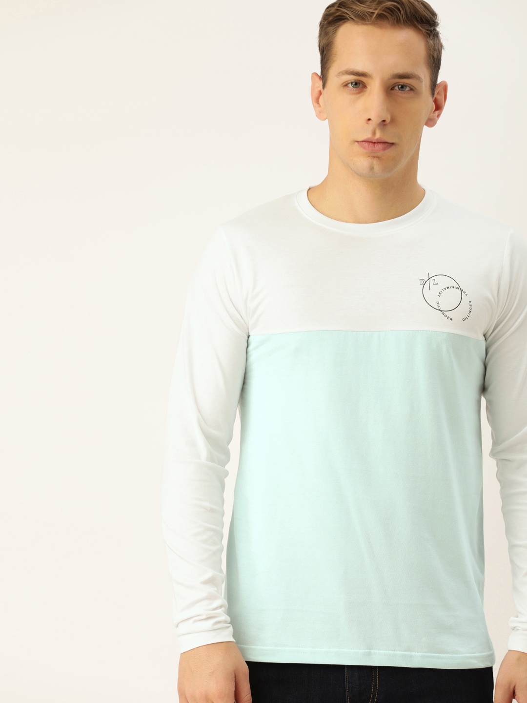 

DILLINGER Men Blue White Colourblocked Round Neck Pure Cotton T-shirt